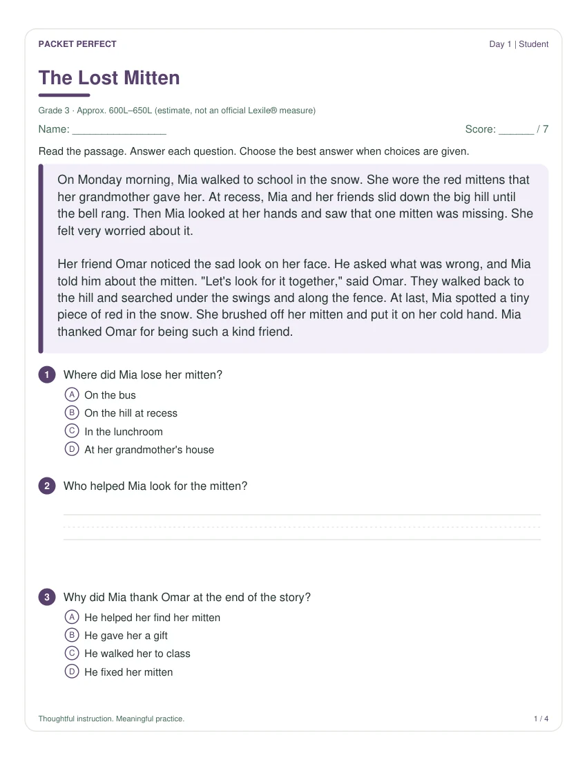 Targeted Reading passage