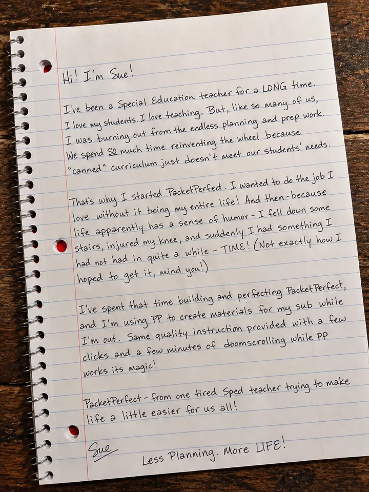 Sue's handwritten welcome letter on spiral notebook paper, resting on a wooden desk. The full text follows the picture.