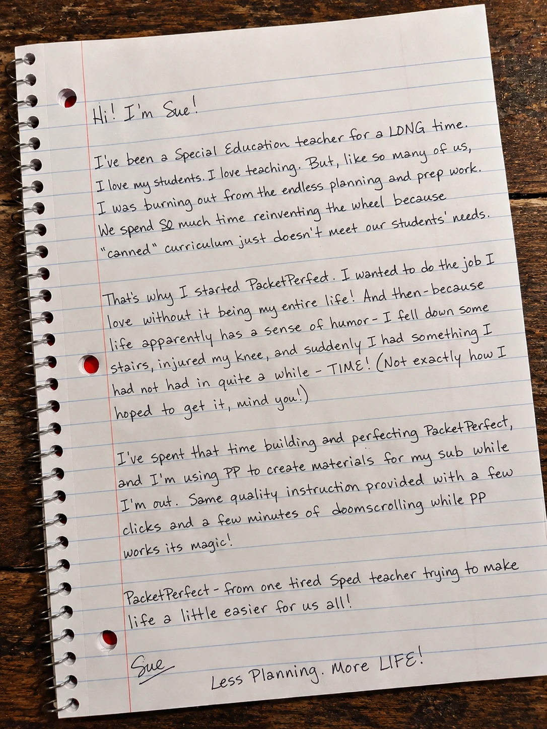 Sue's handwritten welcome letter, enlarged. The text is also available below the picture on the page.
