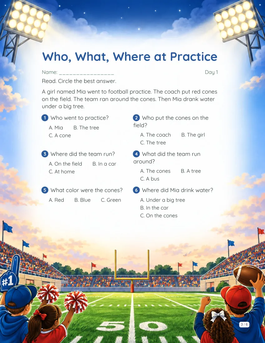 Sample reading page from the Football theme packet