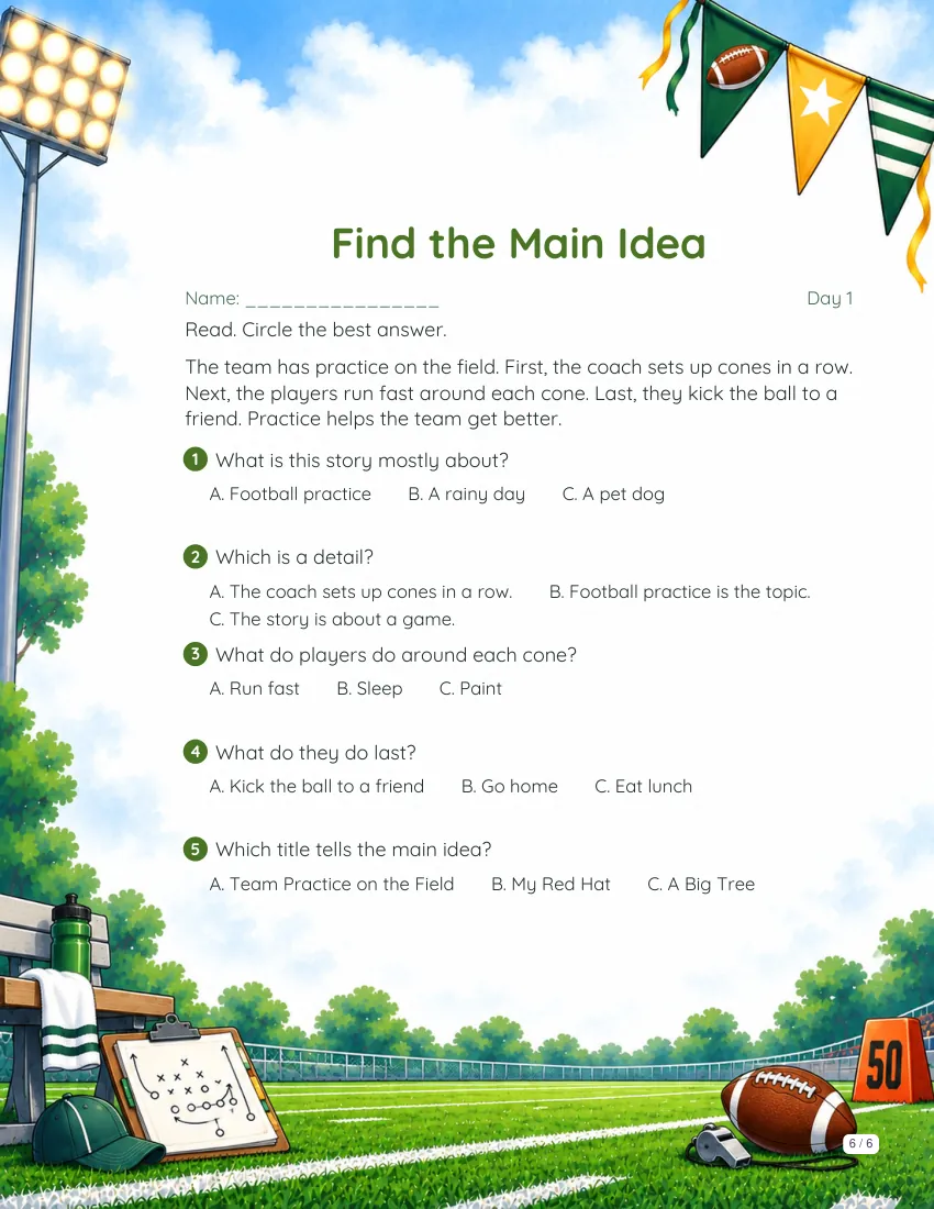 Sample reading page from the Football theme packet