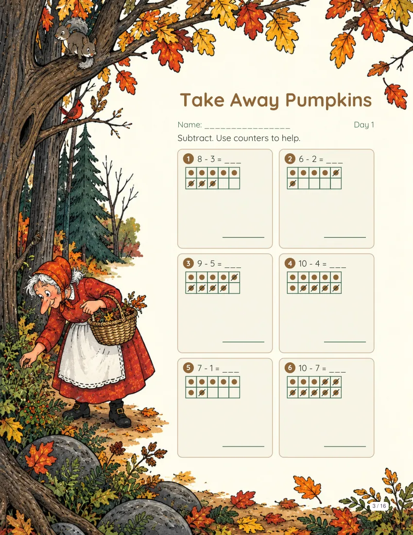 Sample math page from the The Little Old Lady Who Was Not Afraid of Anything book packet