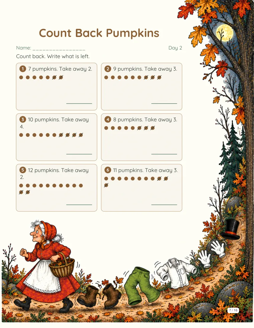 Sample math page from the The Little Old Lady Who Was Not Afraid of Anything book packet