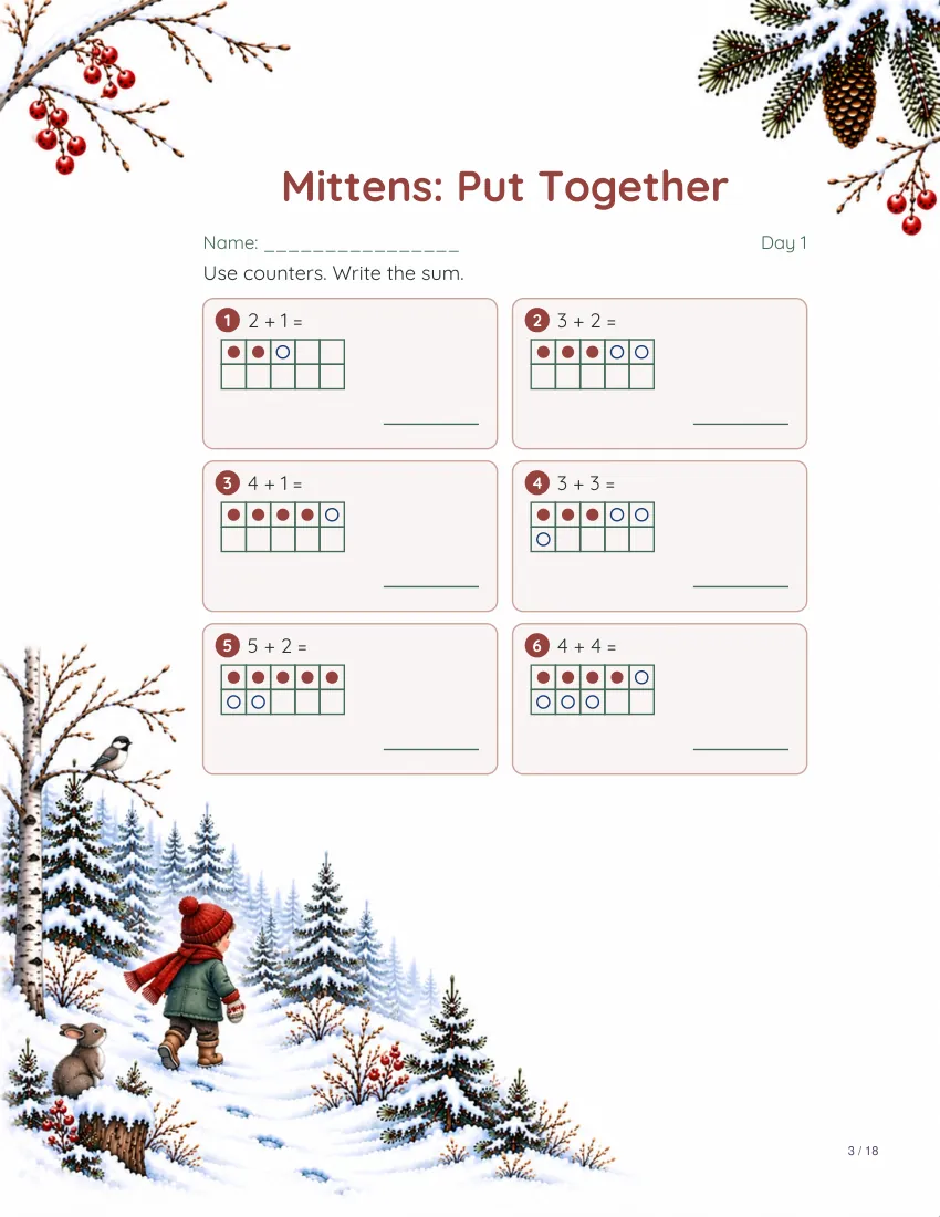 Sample math page from the The Mitten book packet