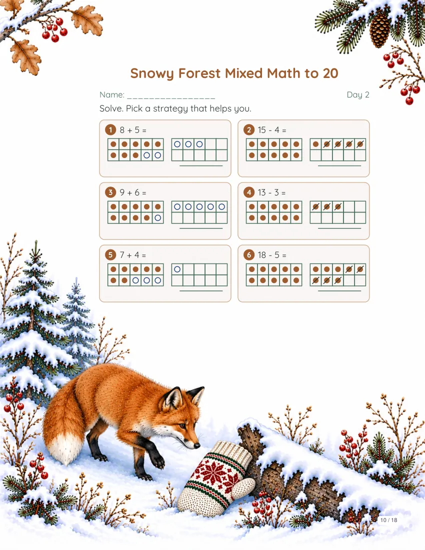 Sample math page from the The Mitten book packet