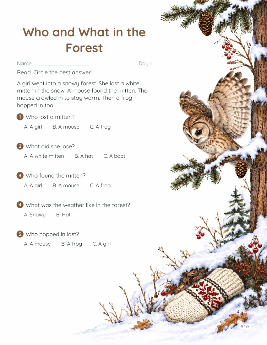 Sample reading page from the The Mitten book packet
