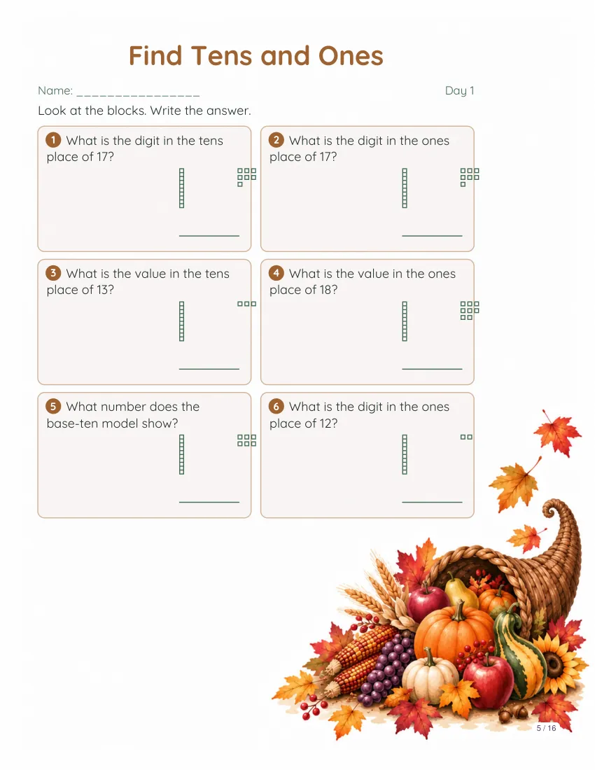 Sample math page from the Thanksgiving theme packet