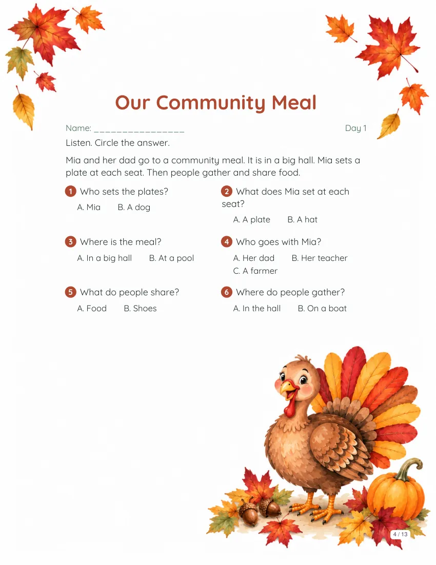 Sample reading page from the Thanksgiving theme packet