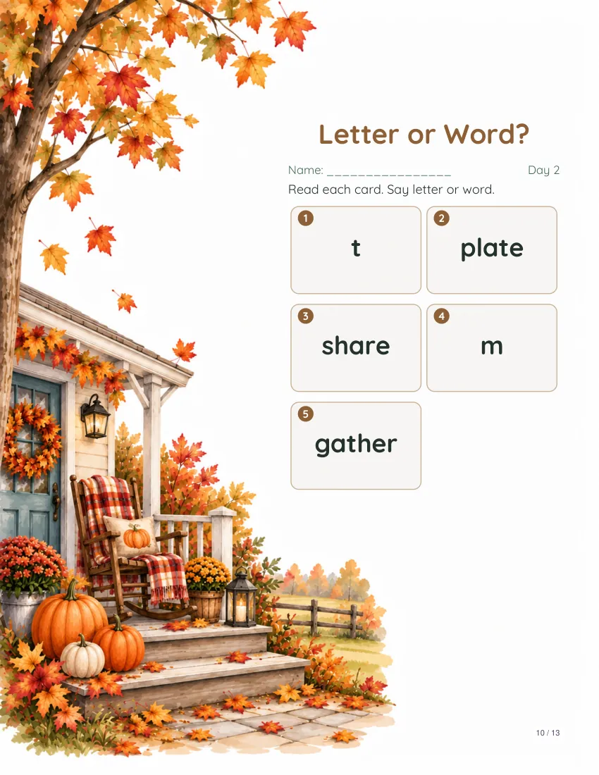 Sample reading page from the Thanksgiving theme packet